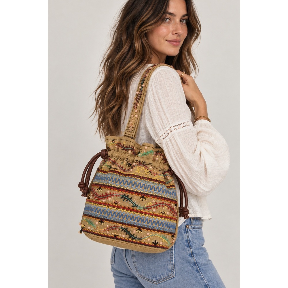 Lucky Brand Embroidered Canvas Bucket Bag Women OS Tan Boho